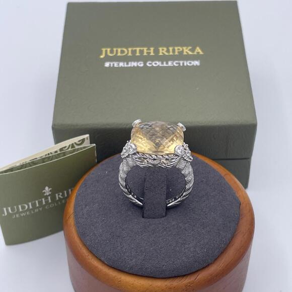 Judith Ripka Thailand 925 Sterling Silver Yellow Quartz CZ Cocktail Ring Size 8